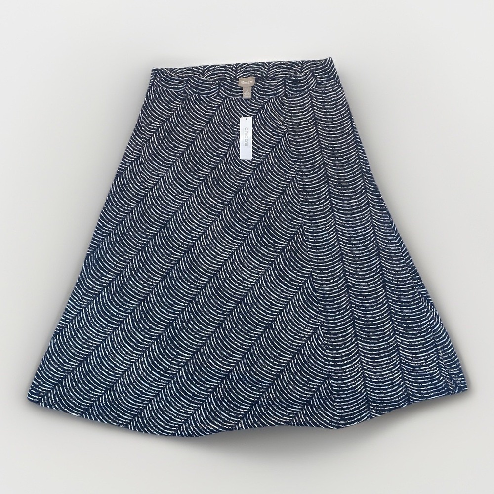 Chicos 2 Broken Lines Black White Spliced Midi Skirt A-line Officecore Liquid‎